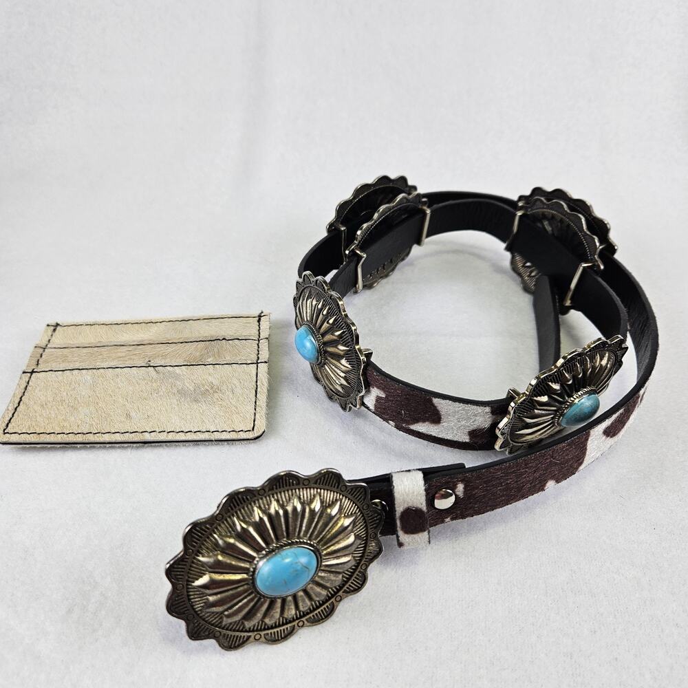 Western Concho Cowgirl Belt Women L Calf Hair Turquoise Blue Stone Silver Brown